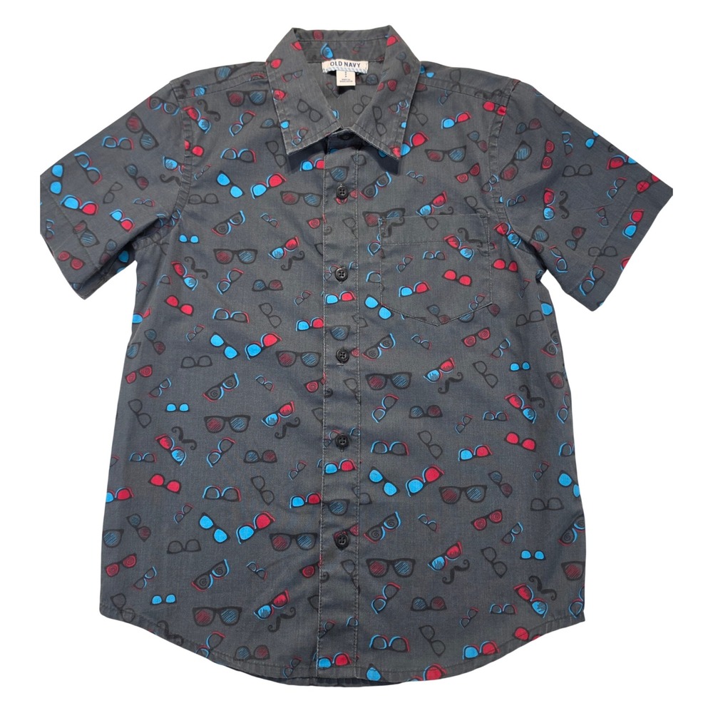 Old Navy Boys Gray Glasses Mustache Print Short Sleeve Button Down Shirt‎ Size S